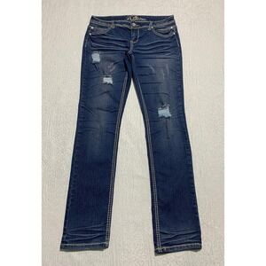 Premiere Womens Jeans 7/8 Dark Wash Distressed Embellished Rhinestone Whiskers‎